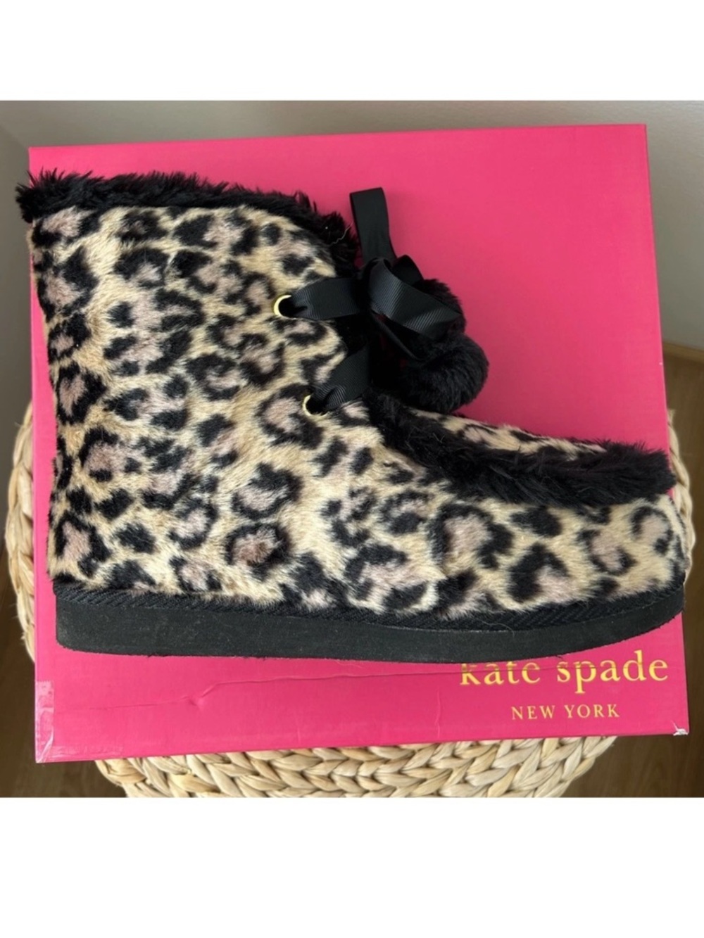 kate spade Leopard Faux-Fur Bootie Slipper in Black and Brown size 8 Bows PomPom